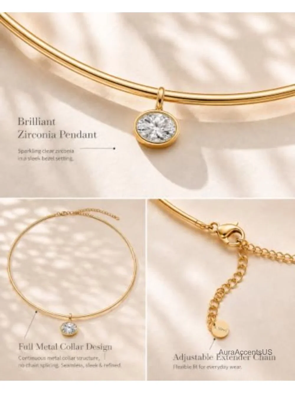 Non Tarnish Gold Plated Choker Necklace for Women CZ Sun Pendant Waterproof